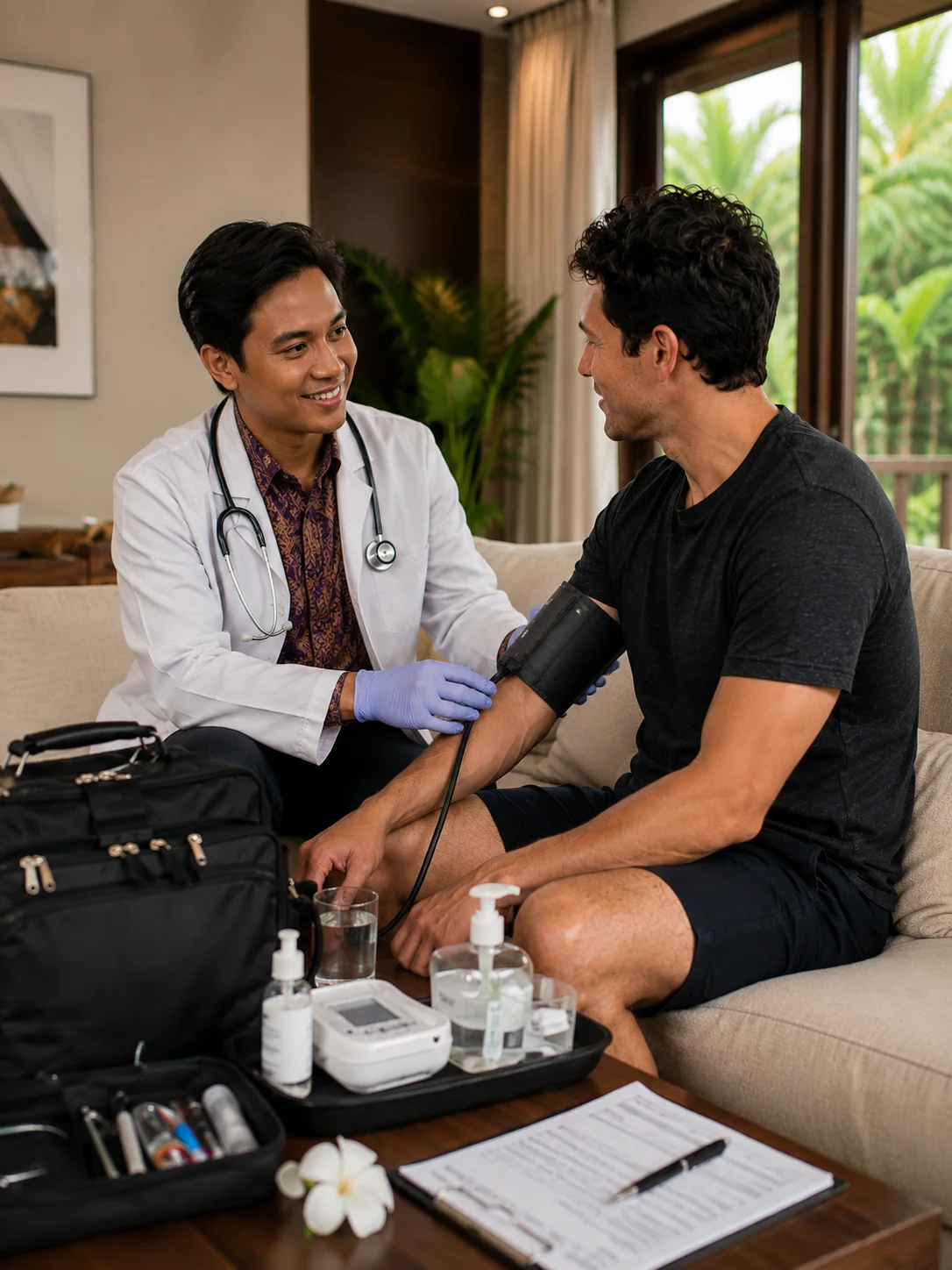 Doctor performing home visit medical care at patient's accommodation in Bali